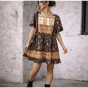 Boho Babydoll Mini Dress Floral Cottagecore Anthro Style Festival Tunic S